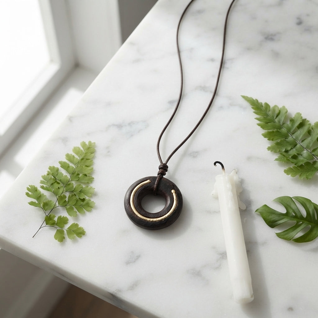 Ebony Wood Zen Circle Pendant Necklace