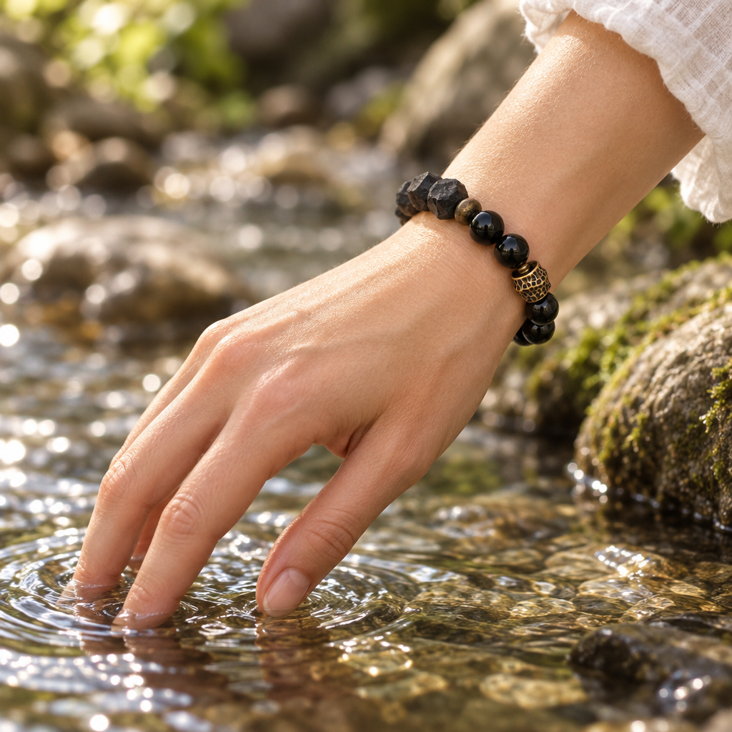 Ebony Wood and Obsidian Beaded Bracelet