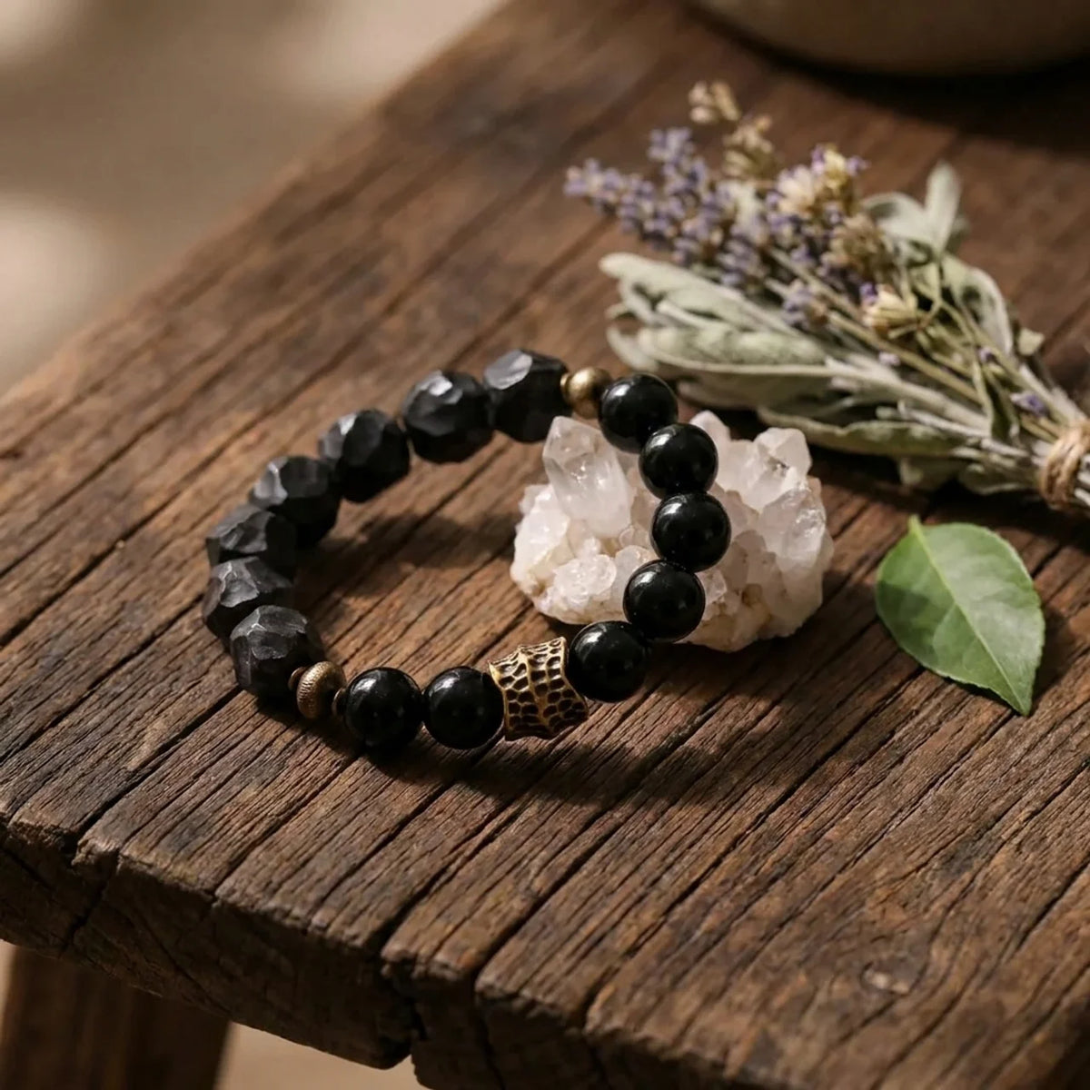 Ebony Wood and Obsidian Beaded Bracelet