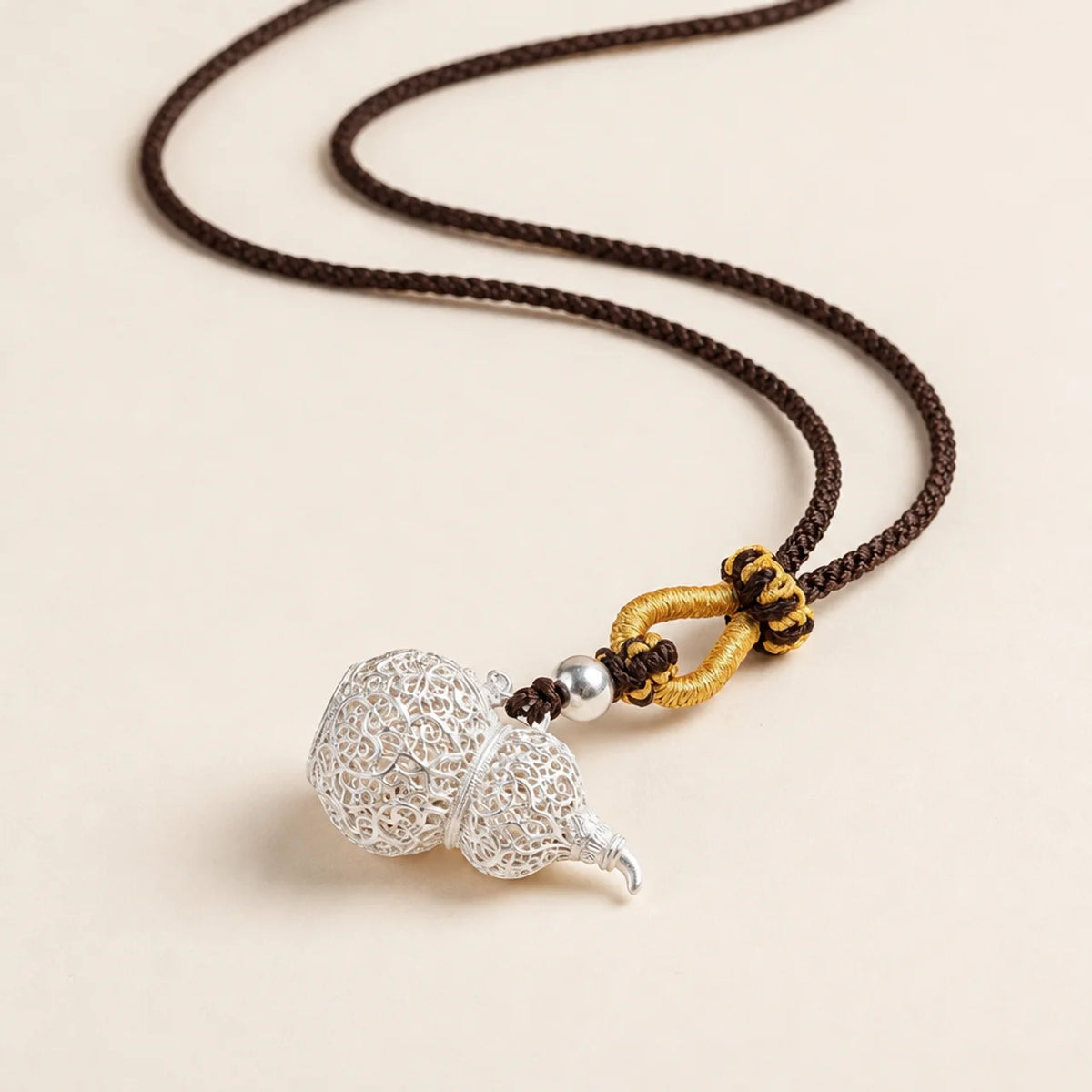 Fine Silver Filigree Wu Lou Gourd Pendant Necklace