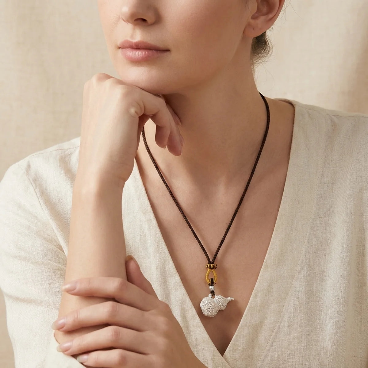 Fine Silver Filigree Wu Lou Gourd Pendant Necklace