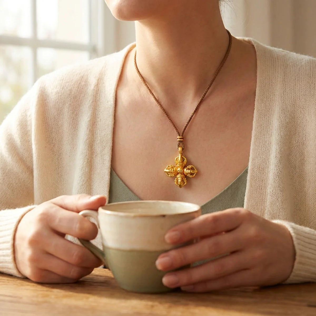 Halsband med korsad Vajra Dorje i guldfärgad finish