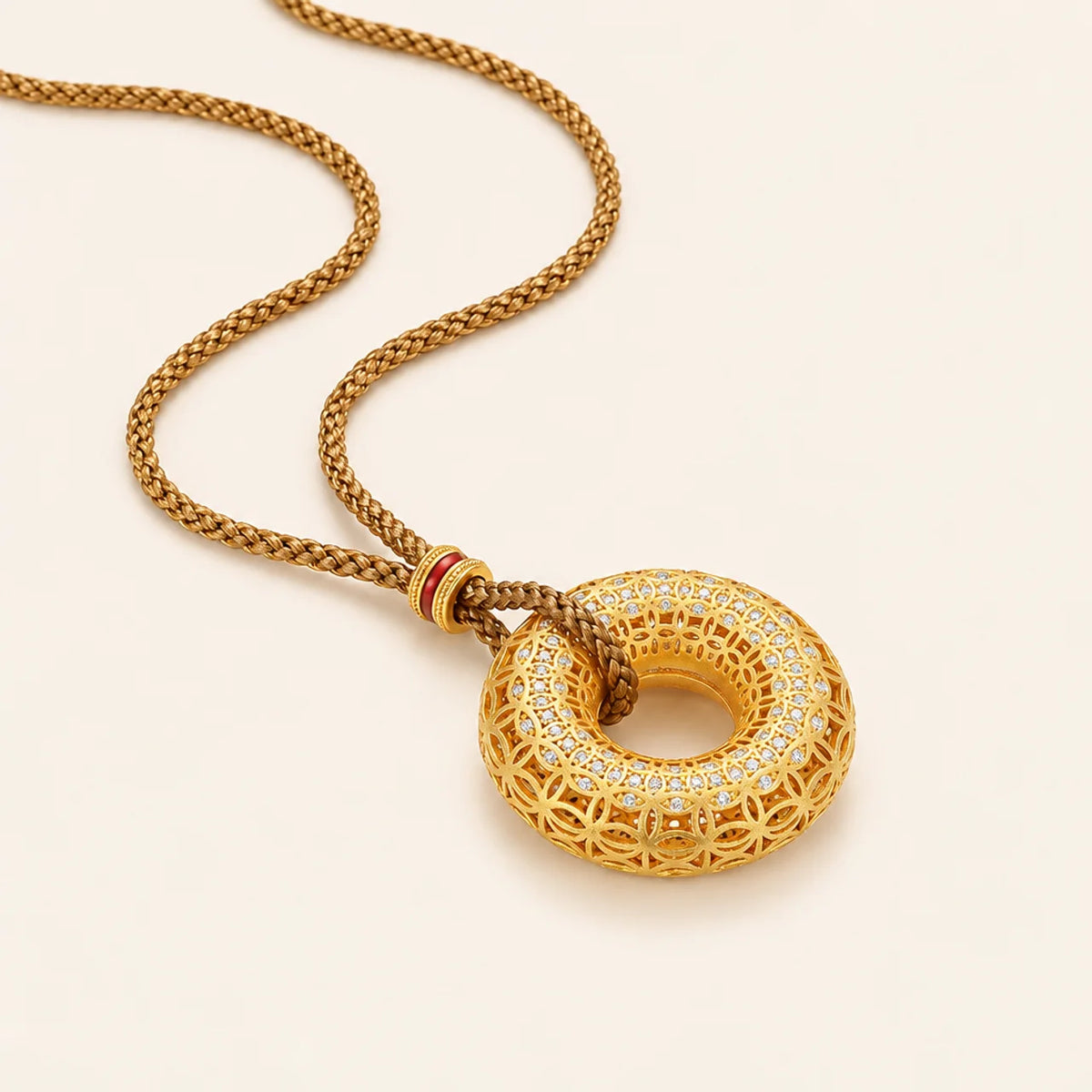 Gold Filigree Coin Donut Pendant Necklace