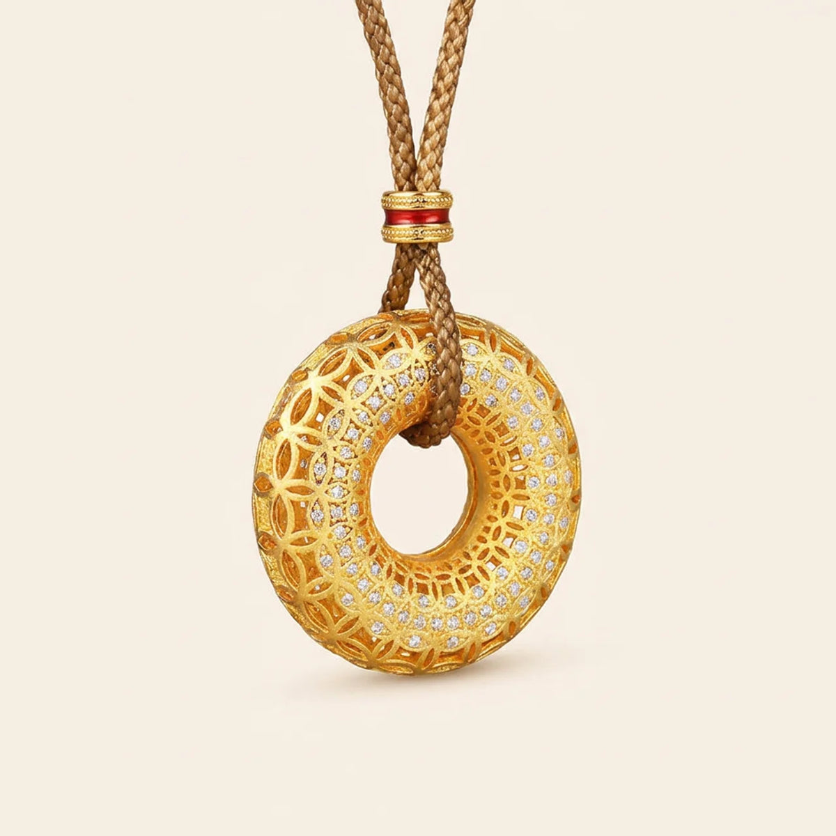 Gold Filigree Coin Donut Pendant Necklace