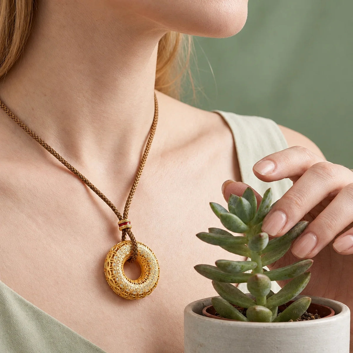 Gold Filigree Coin Donut Pendant Necklace