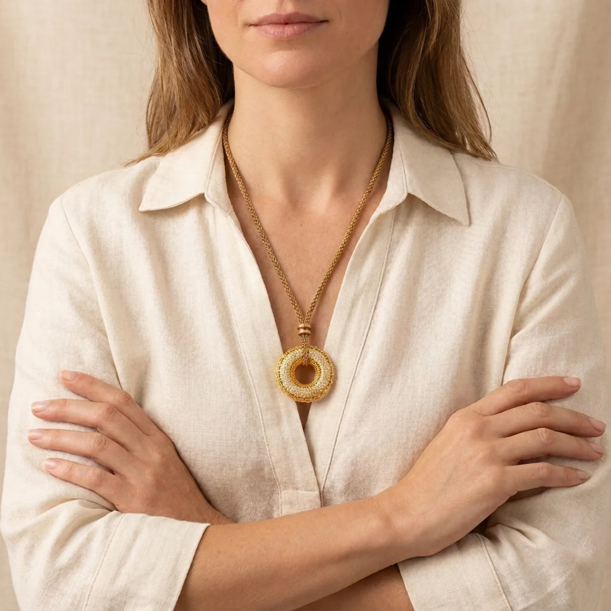 Gold Filigree Coin Donut Pendant Necklace
