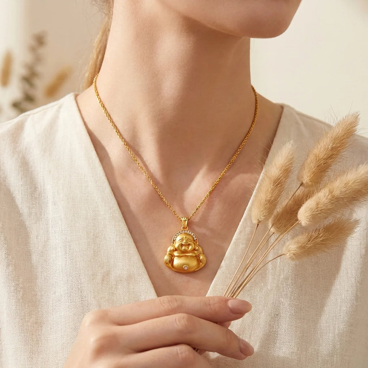 Gold Plated Laughing Buddha Pendant Necklace