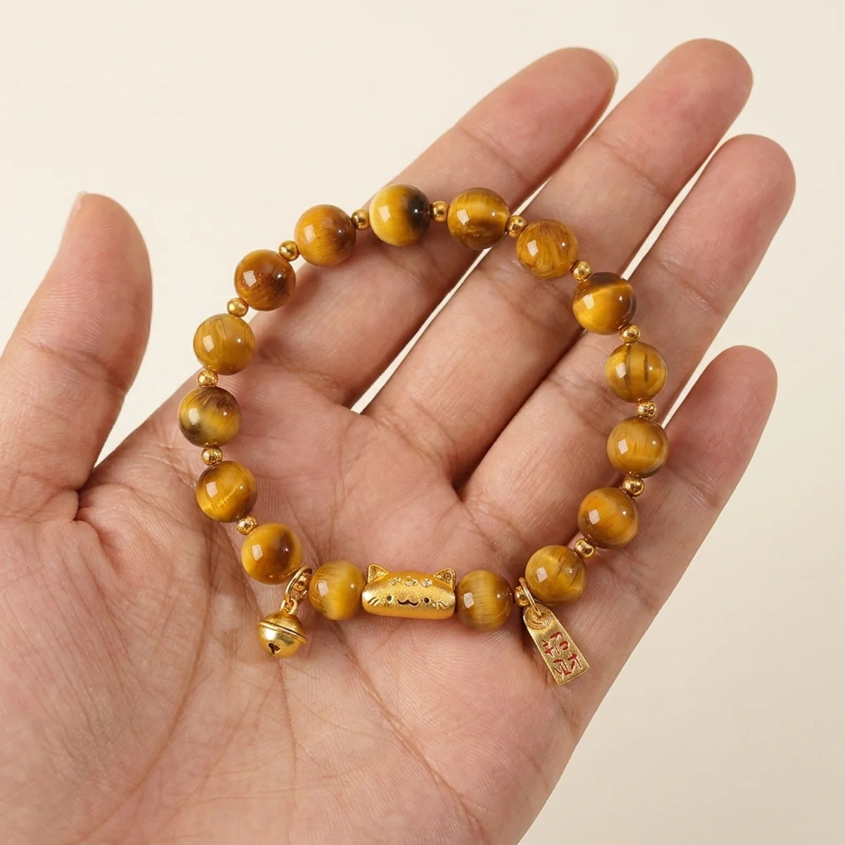 Golden Tiger Eye Fortune Cat Beaded Bracelet