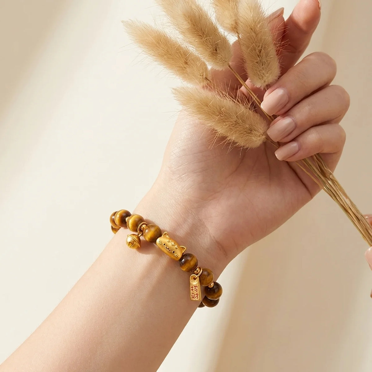 Golden Tiger Eye Fortune Cat Beaded Bracelet