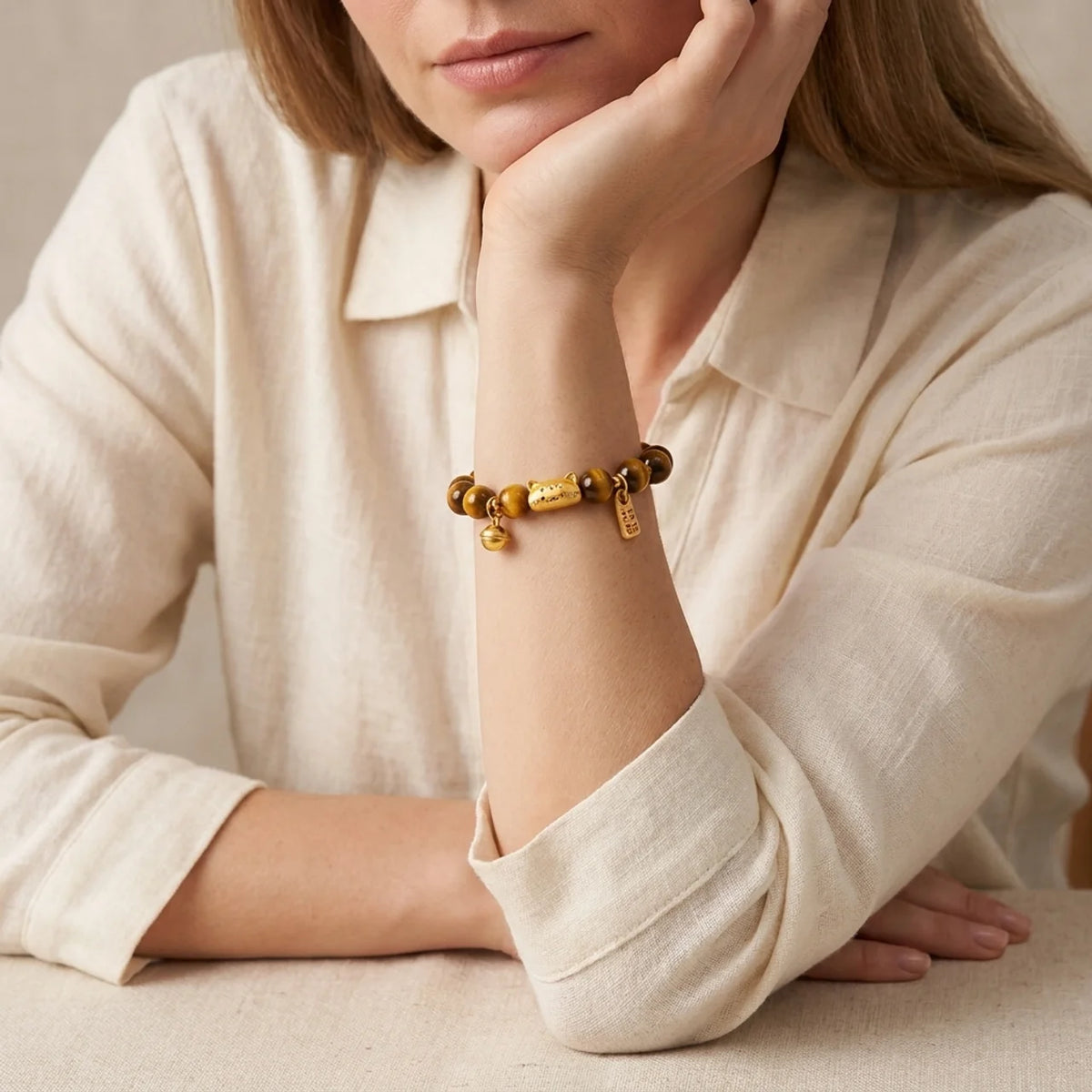 Golden Tiger Eye Fortune Cat Beaded Bracelet