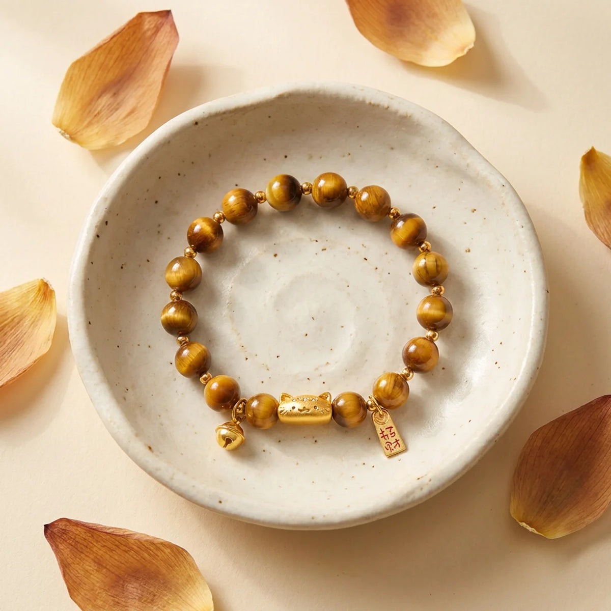 Golden Tiger Eye Fortune Cat Beaded Bracelet