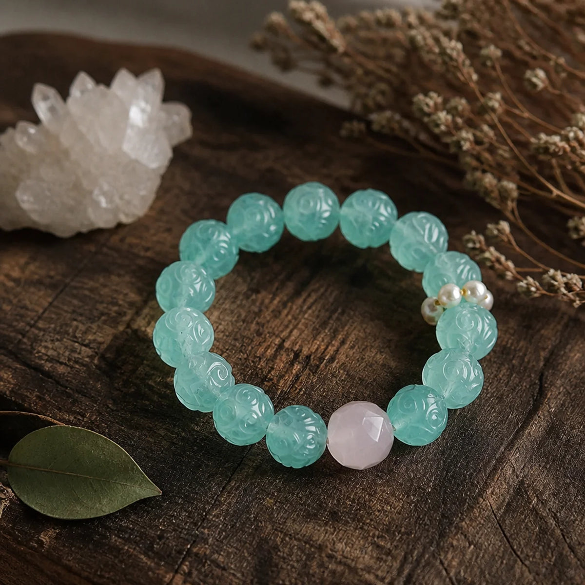 Bracelet en fluorite verte et cristal rose