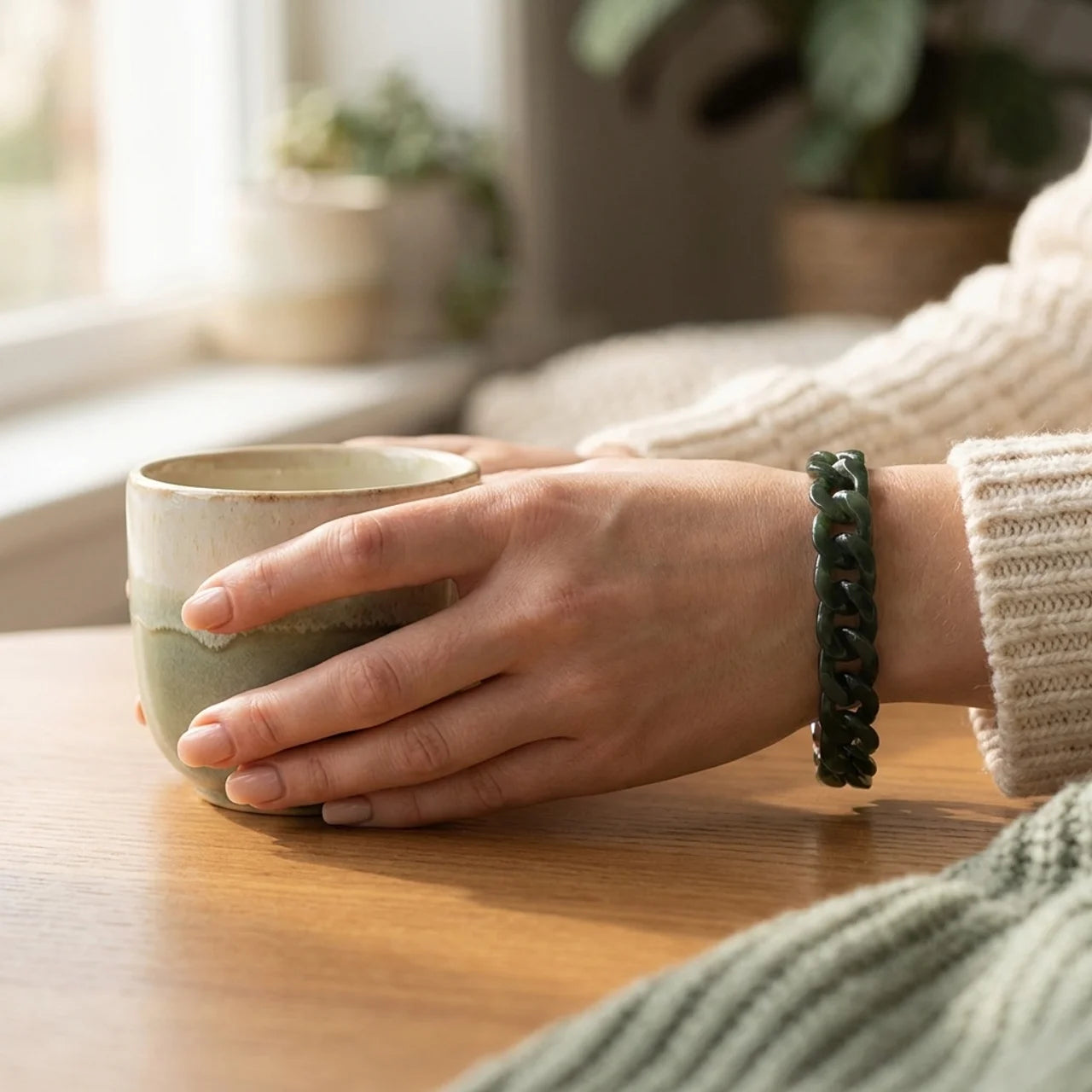 Green Nephrite Jade Cuban Link Bracelet