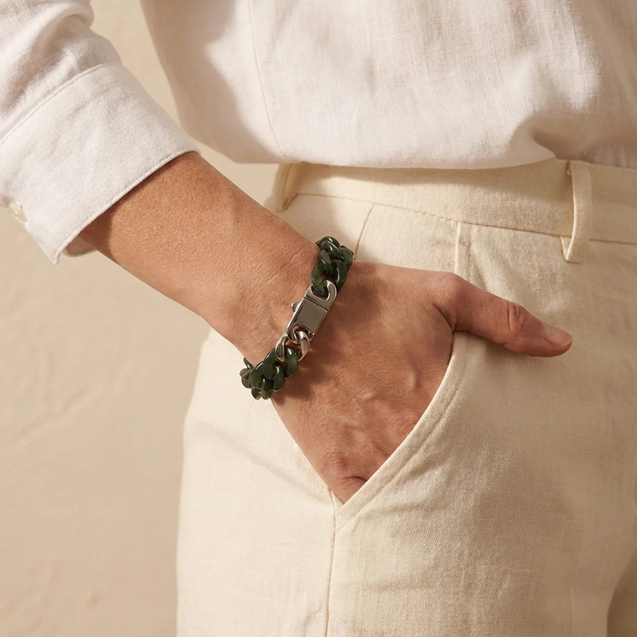 Green Nephrite Jade Cuban Link Bracelet