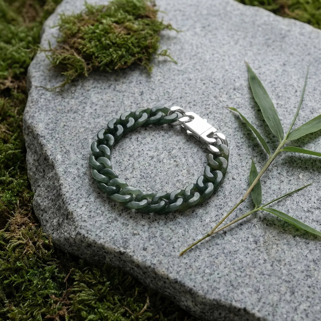 Green Nephrite Jade Cuban Link Bracelet