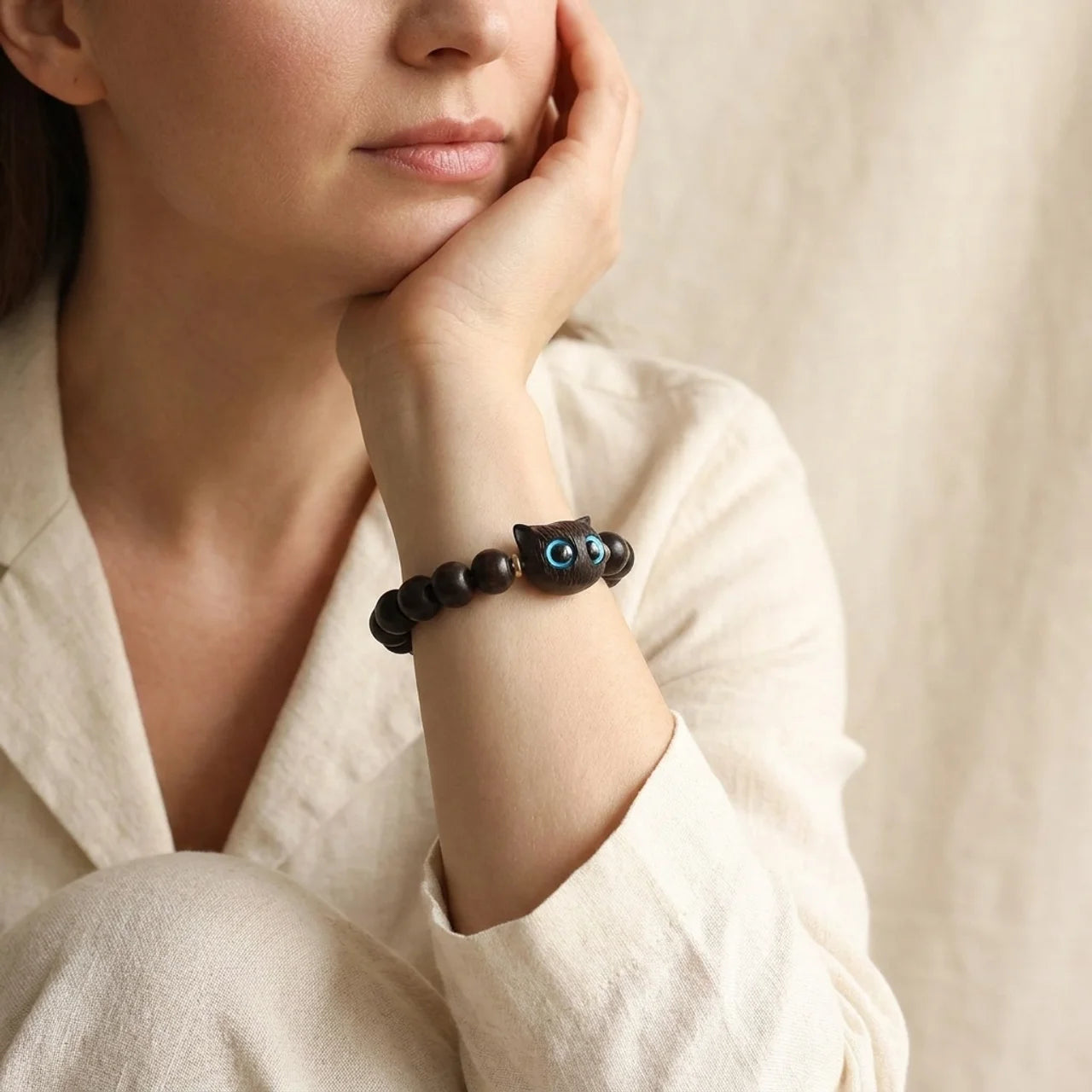 Green Sandalwood Ebony Cat Peace Bracelet