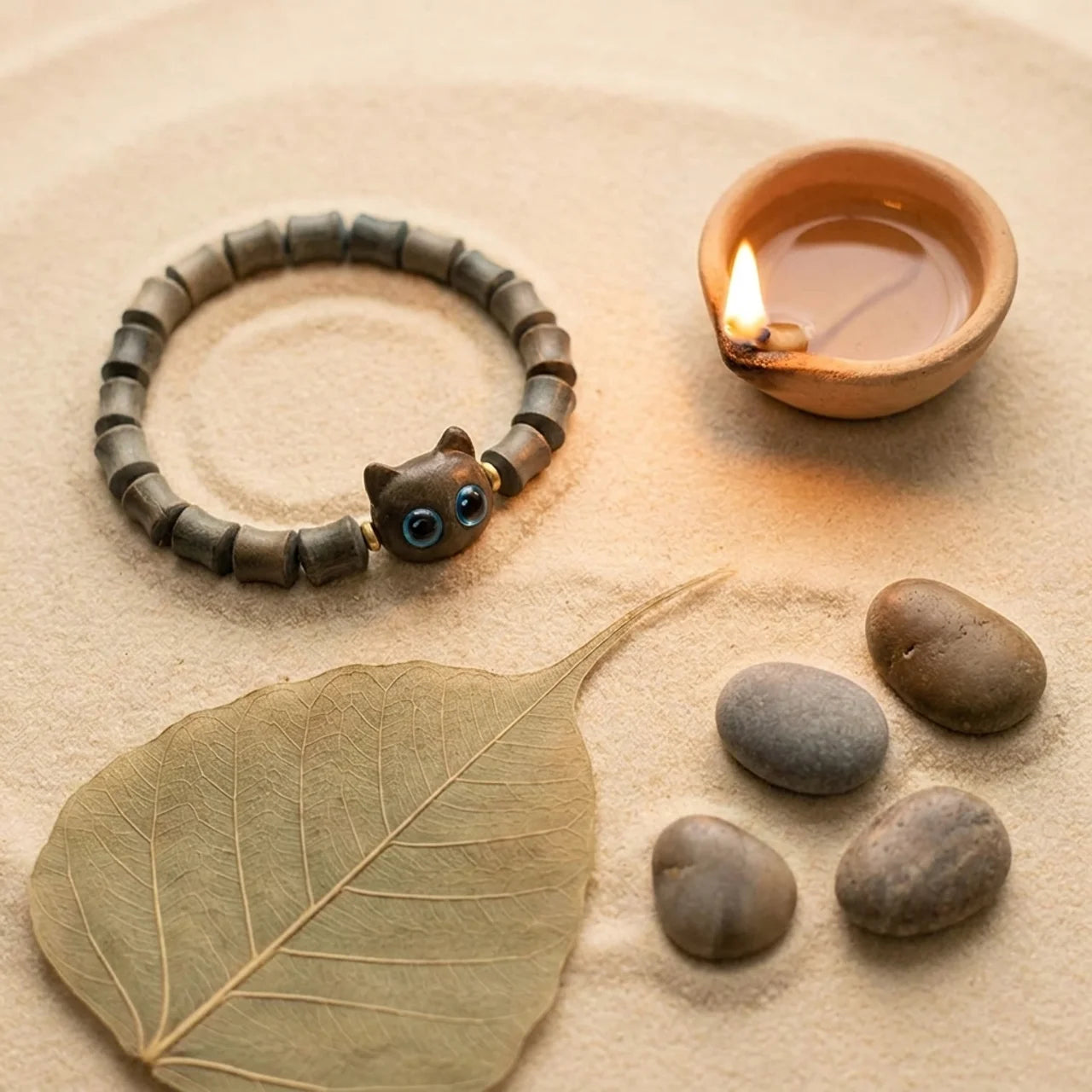 Green Sandalwood Ebony Cat Peace Bracelet
