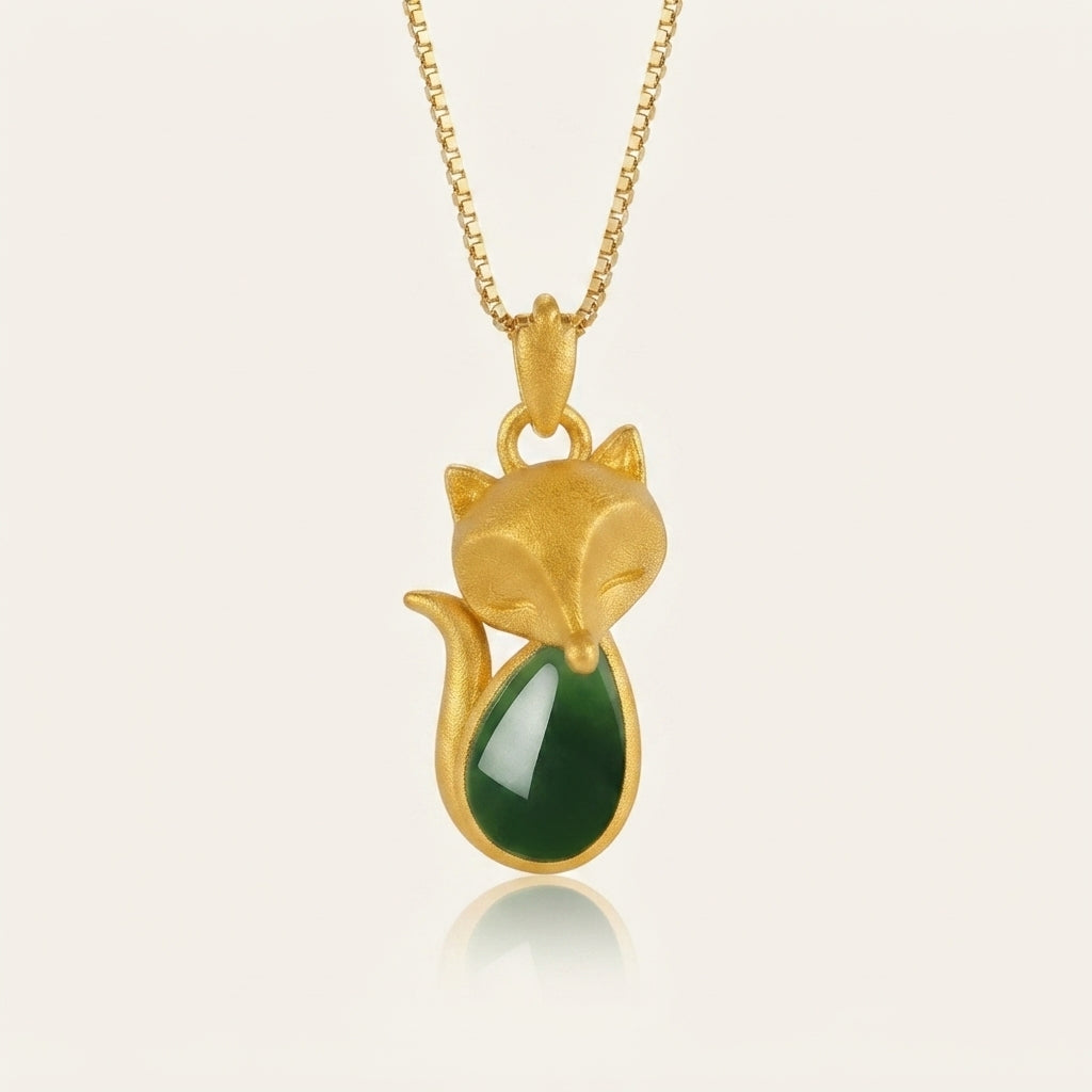 Green Chalcedony Fox Pendant Necklace
