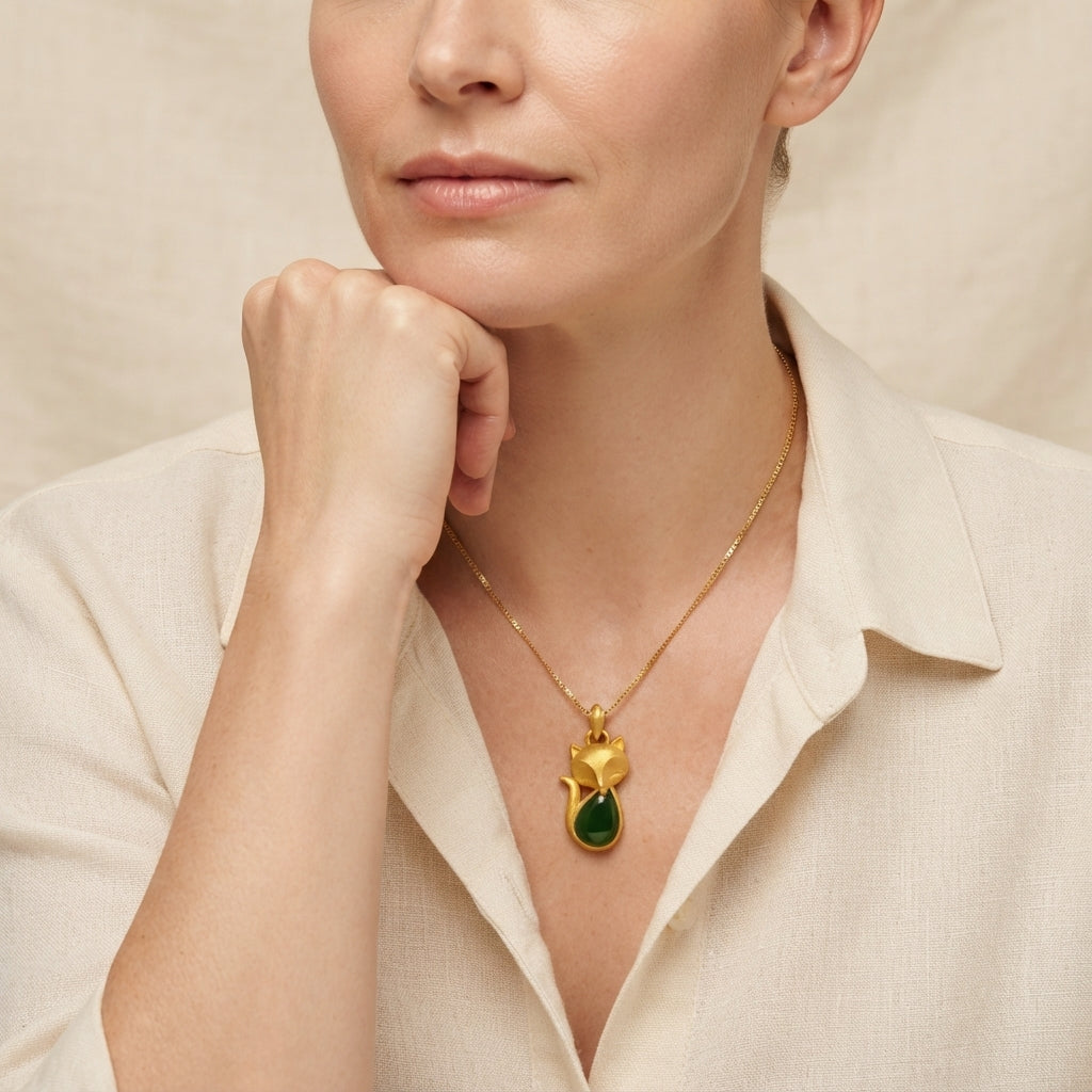 Green Chalcedony Fox Pendant Necklace