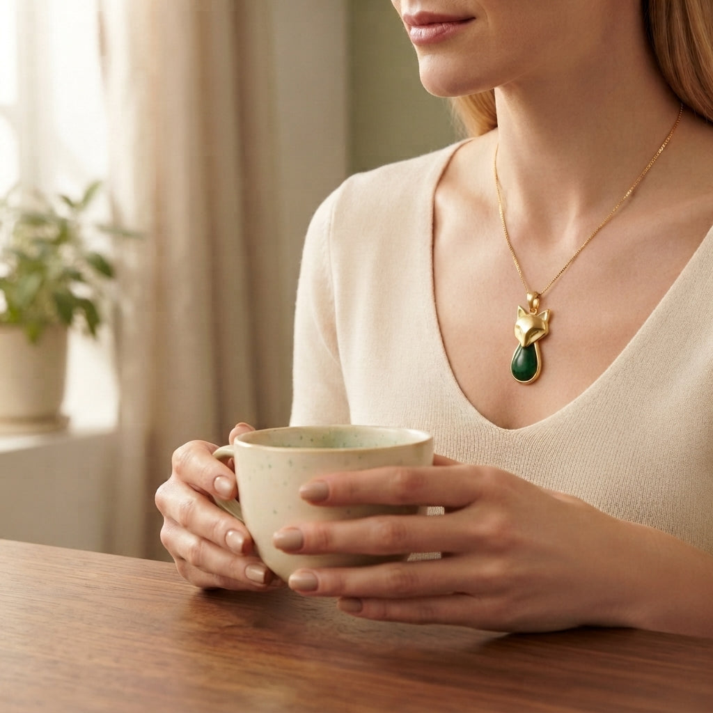 Green Chalcedony Fox Pendant Necklace