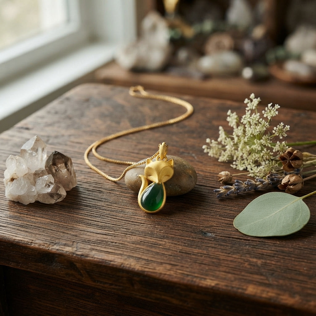 Green Chalcedony Fox Pendant Necklace