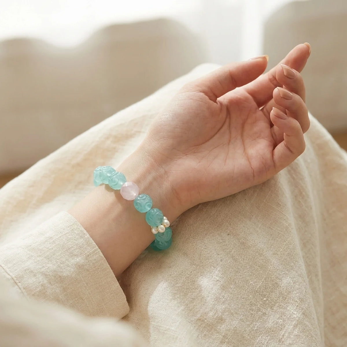 Bracelet en fluorite verte et cristal rose