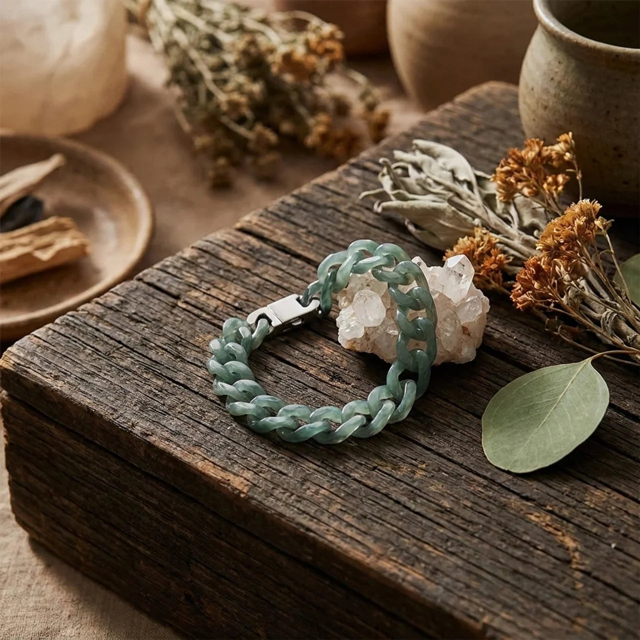 Green Jade Carved Cuban Chain Bracelet