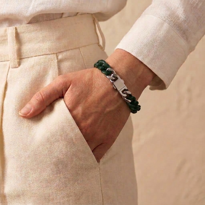 Green Nephrite Jade Cuban Link Bracelet