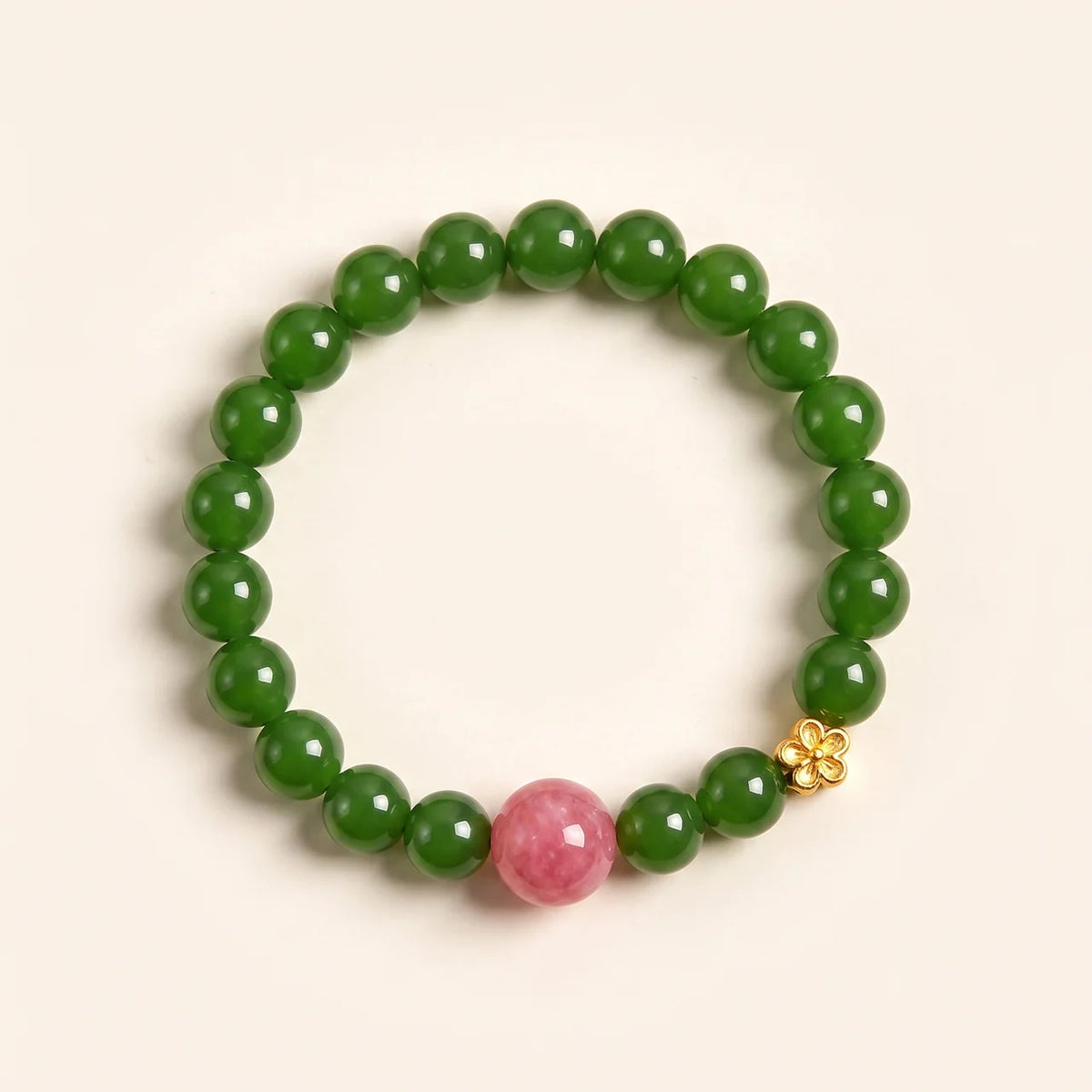 Bracelet en calcédoine verte et rose avec breloque