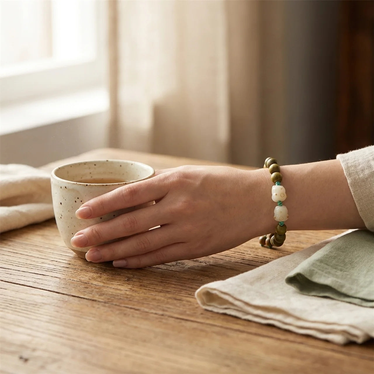 Green Sandalwood Bodhi Seed Lucky Cat Bracelet