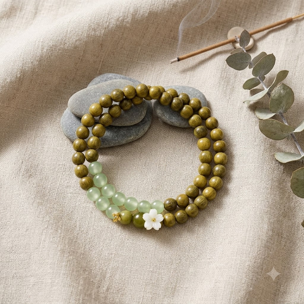 Green Sandalwood Cat's Eye Flower Bracele