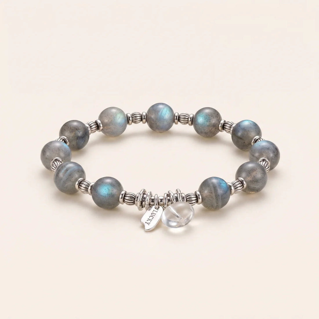 Bracelet en perles de pierre de lune grise avec breloque quartz