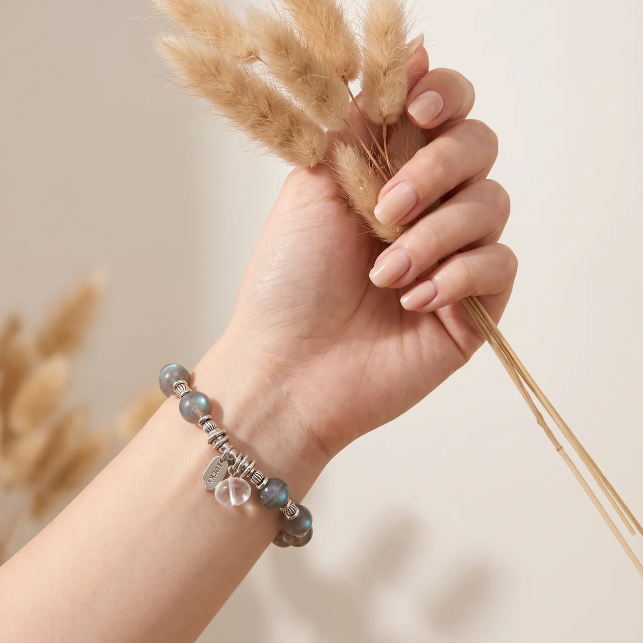 Grey Moonstone Quartz Charm Beaded Bracelet