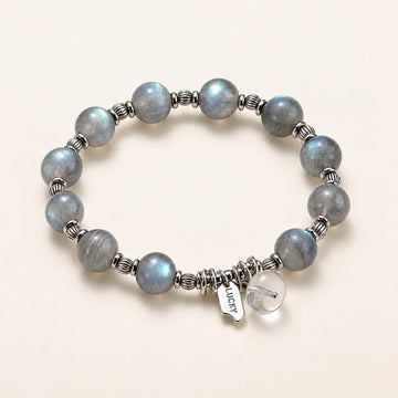 Bracelet en perles de pierre de lune grise avec breloque quartz
