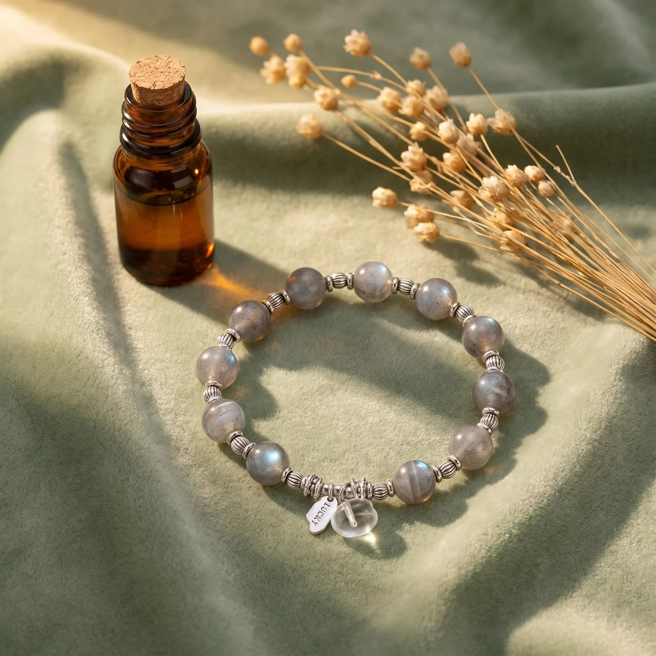 Grey Moonstone Quartz Charm Beaded Bracelet