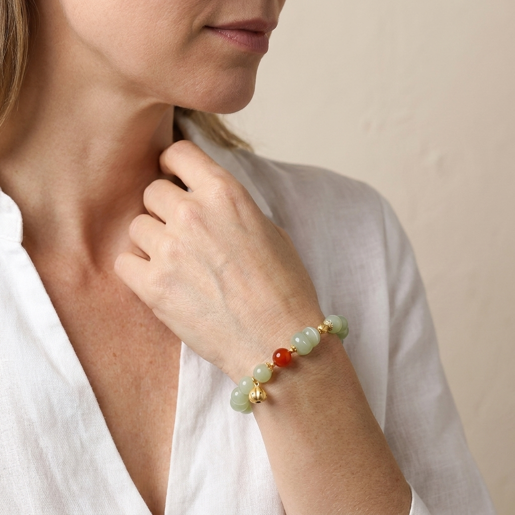 Hetian Jade Crawling Cat Beaded Bracelet