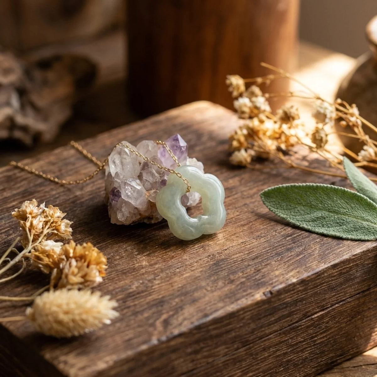 Hetian Jade Floral Charm Pendant Necklace
