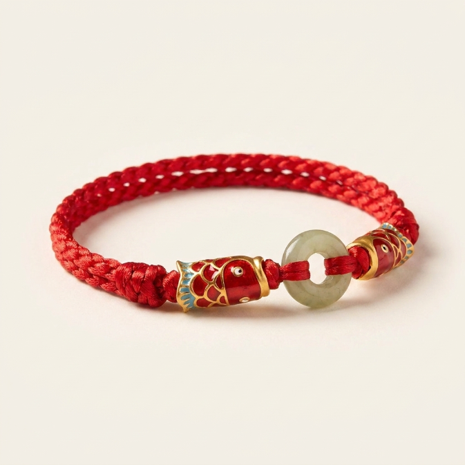Hetian Jade Peace Buckle Koi Fish Red String Bracelet