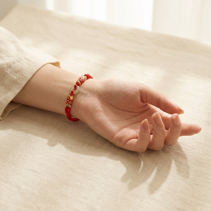 Hetian Jade Peace Buckle Koi Fish Red String Bracelet
