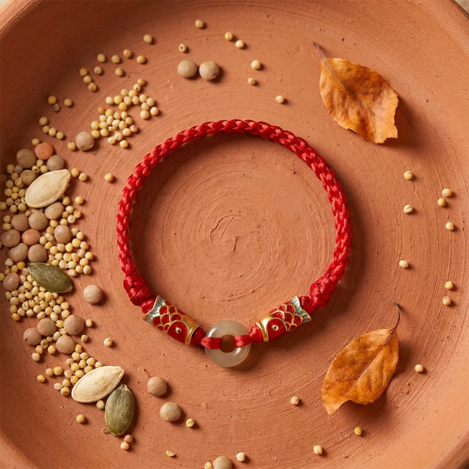Hetian Jade Peace Buckle Koi Fish Red String Bracelet