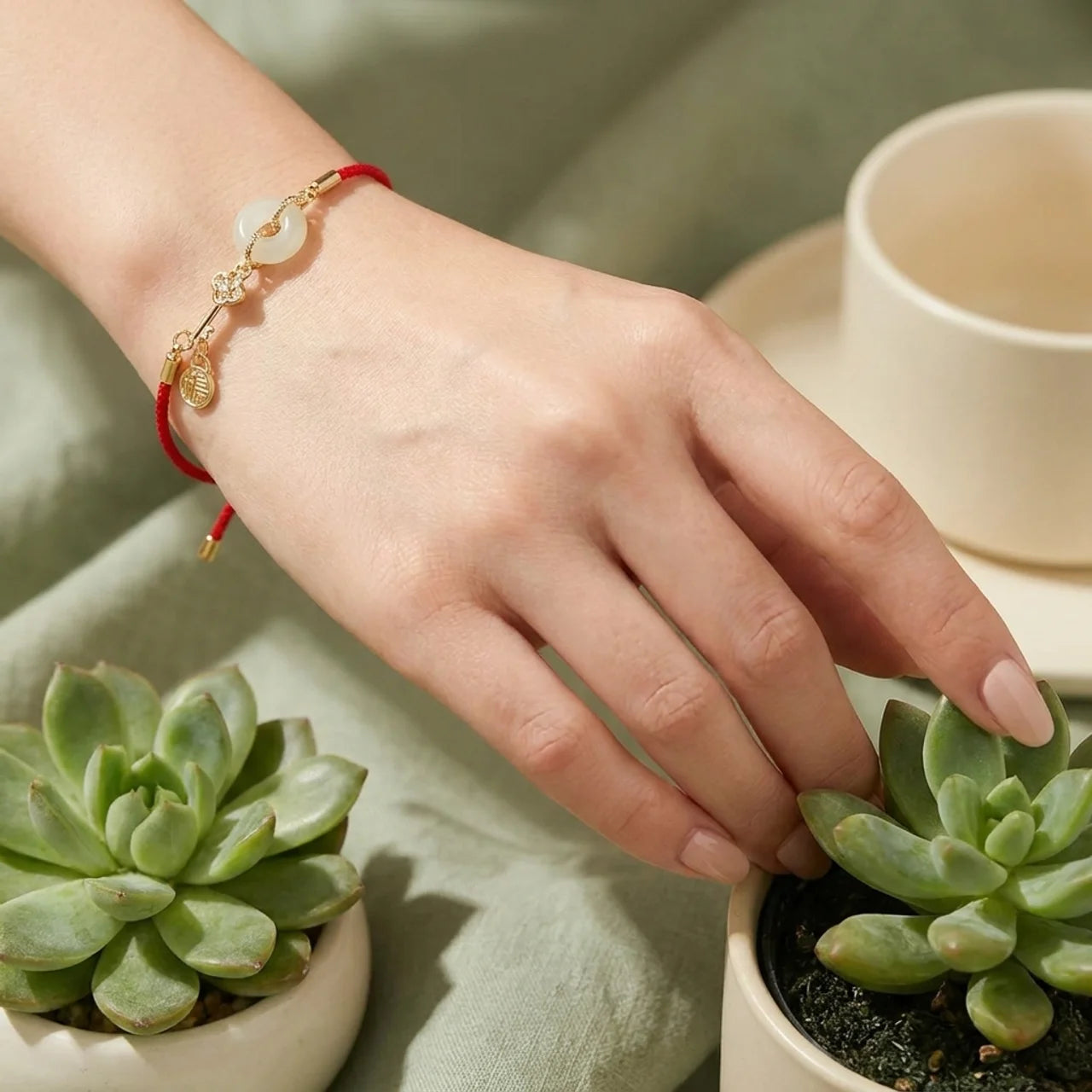 Hetian Jade Peace Buckle Red String Bracelet
