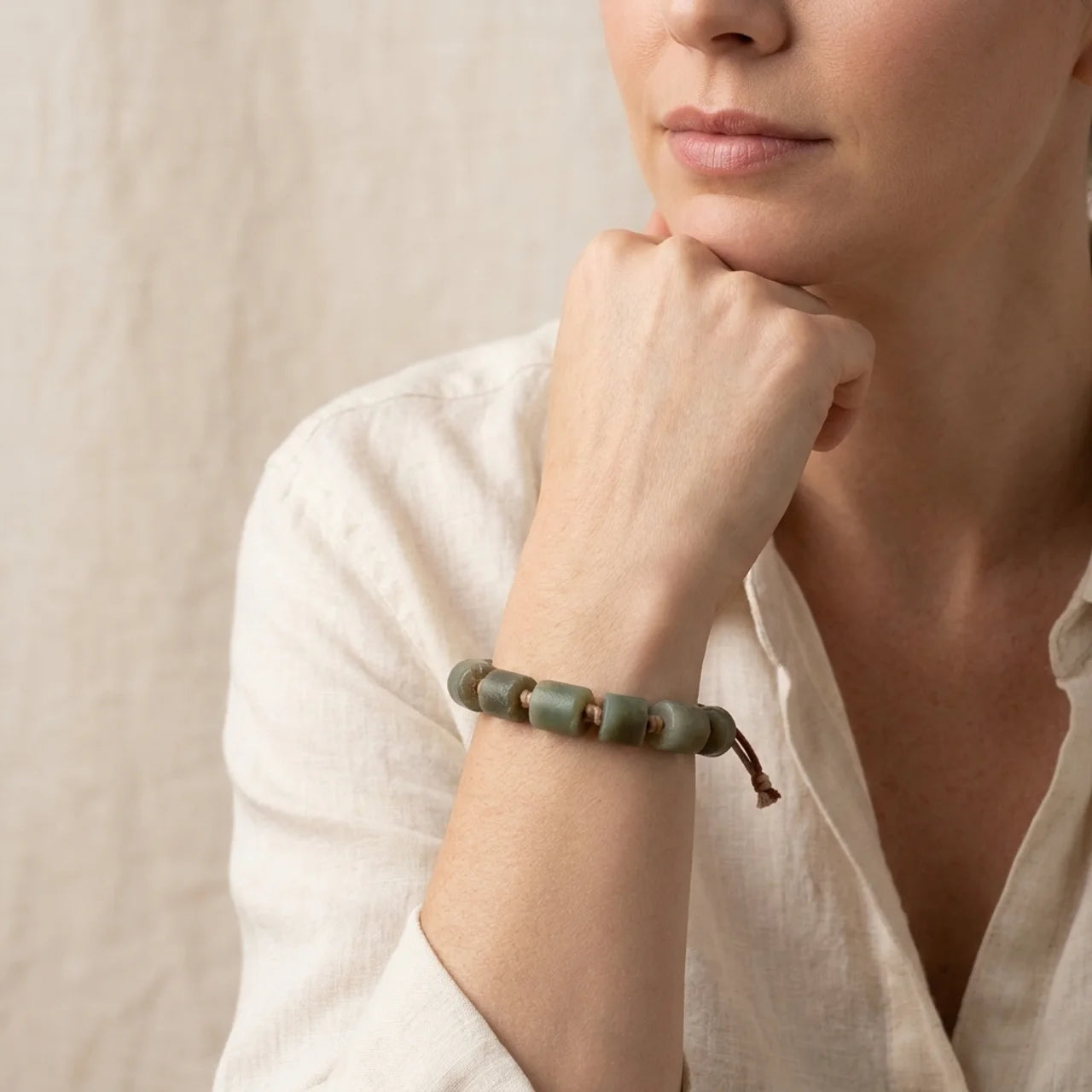 Hotan Nephrite Cylinder Bead Macrame Bracelet