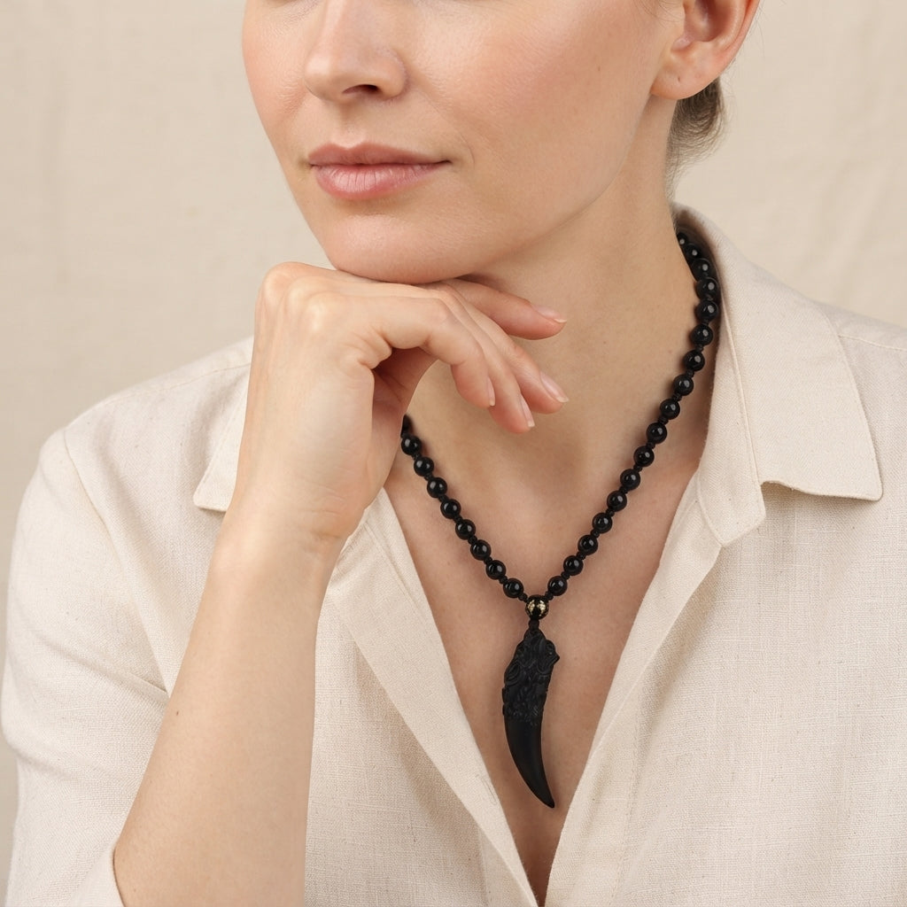 Ice Obsidian Wolf Tooth Pendant Necklace