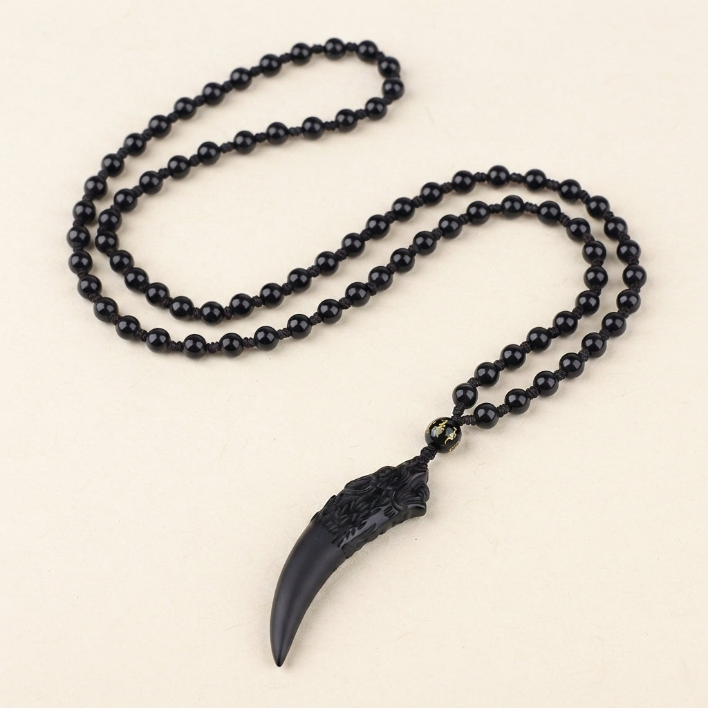 Ice Obsidian Wolf Tooth Pendant Necklace