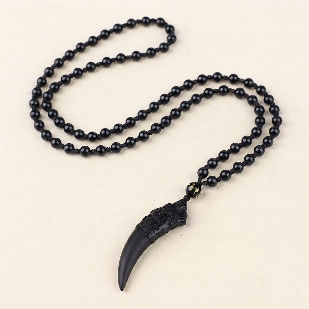 Ice Obsidian Wolf Tooth Pendant Necklace