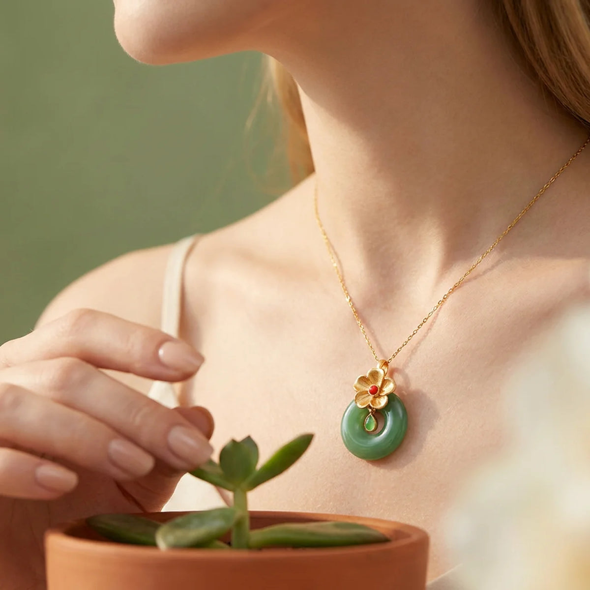 Imitation Jade Palace Flower Pendant Necklace