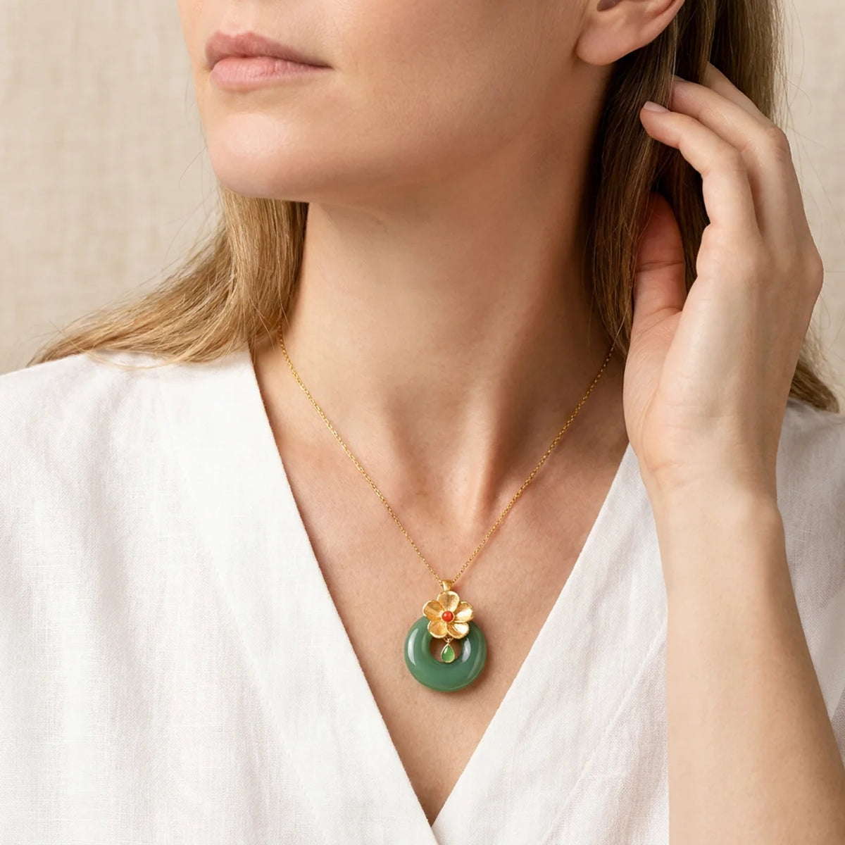 Imitation Jade Palace Flower Pendant Necklace