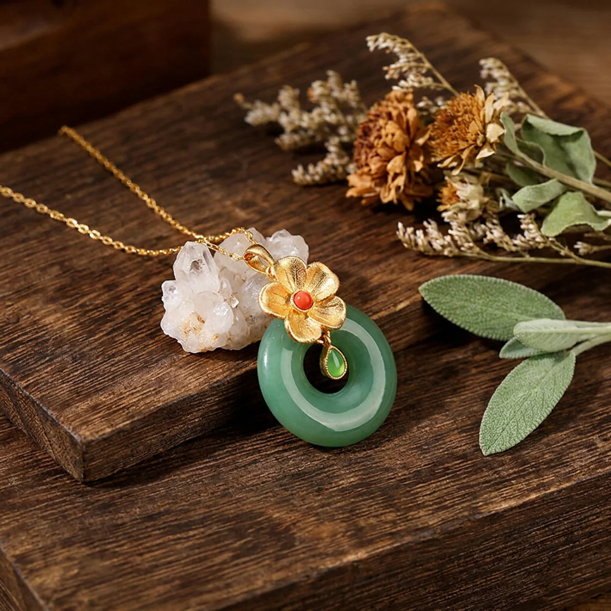 Imitation Jade Palace Flower Pendant Necklace