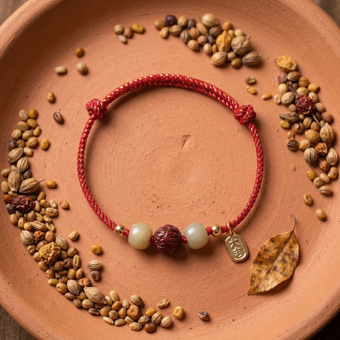 Jade Cinnabar Lotus Red String Bracelet