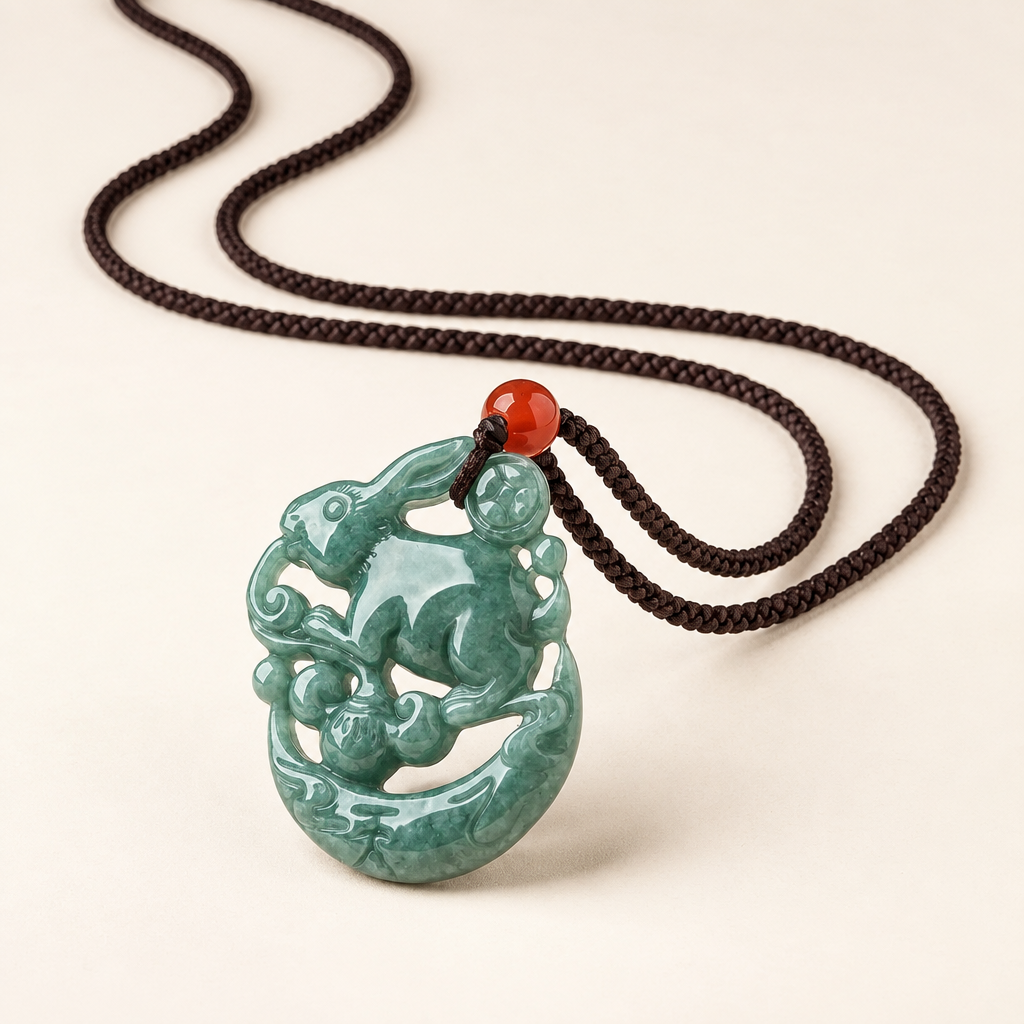 Jade Rabbit Crescent Moon Pendant Necklace